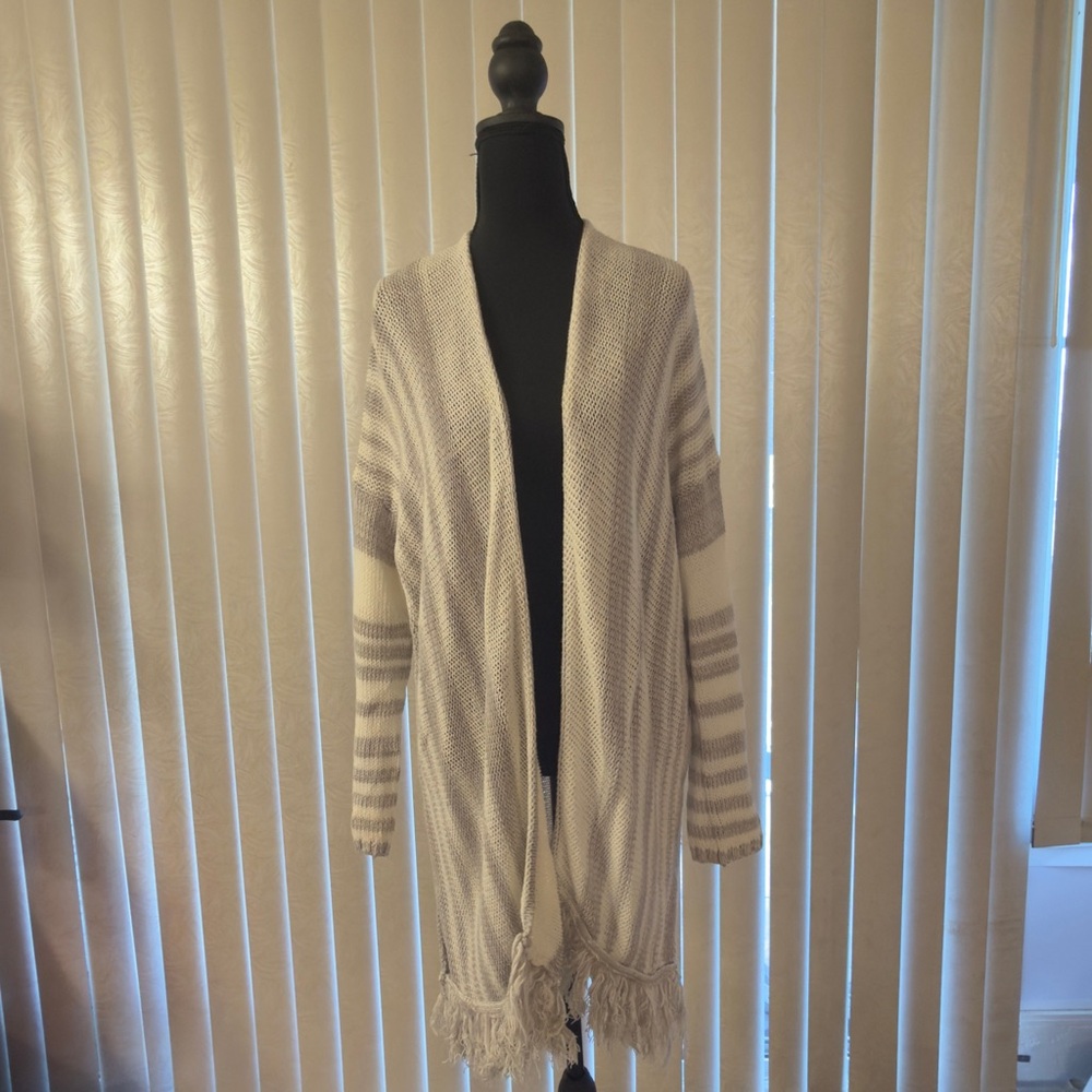 Fringe Striped Gray and Cream Women's Sweater